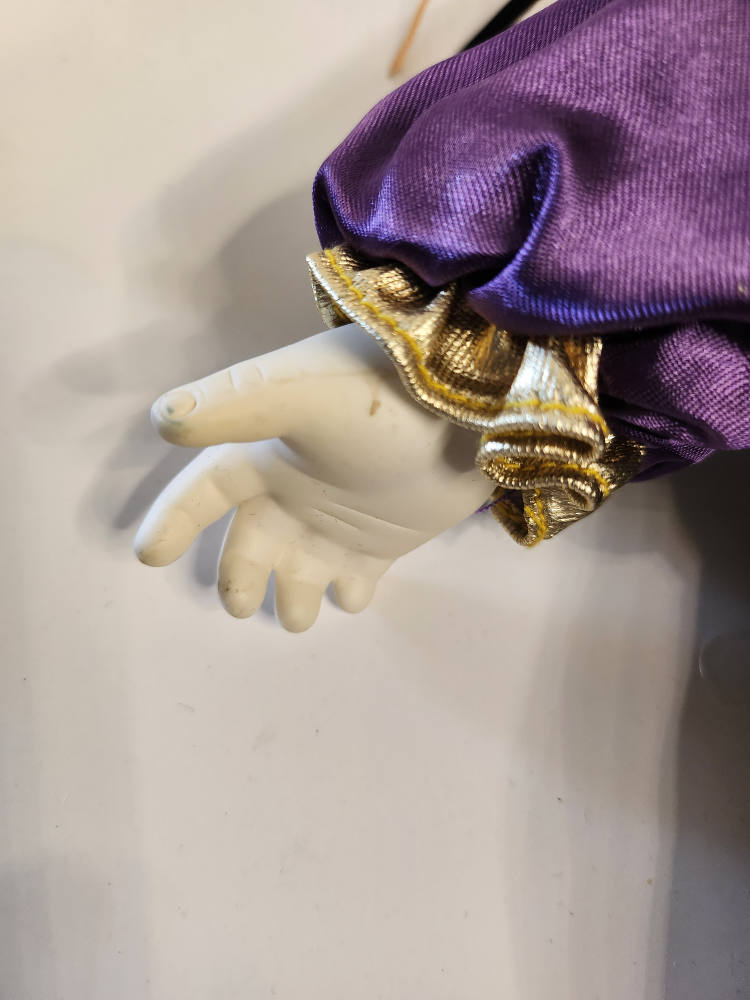 Harlequin Doll, Porcelain head, hands, jester, Black and Purple - photo 3