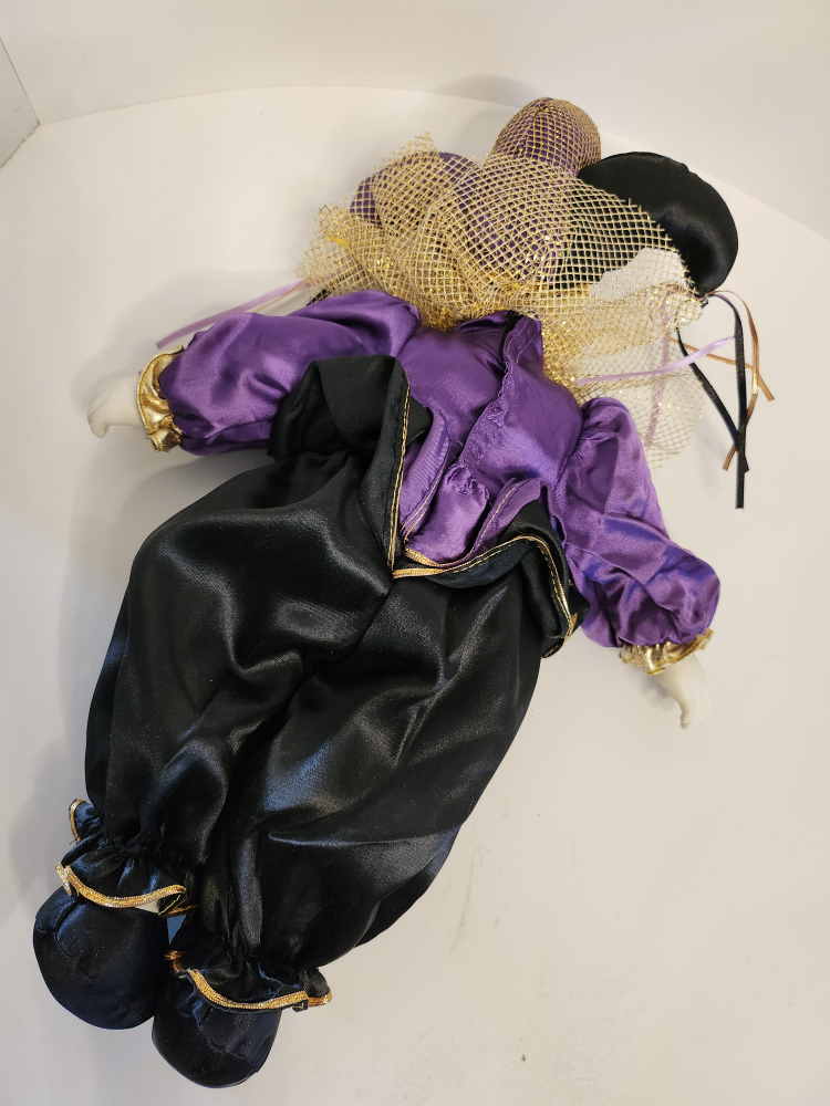 Harlequin Doll, Porcelain head, hands, jester, Black and Purple - photo 4