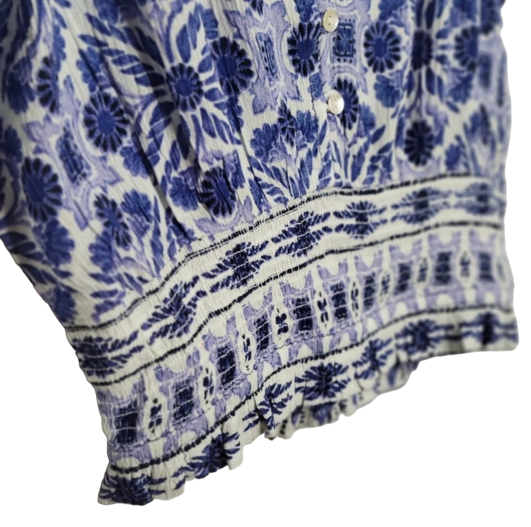 Blue & White V-neck Crop Top Flutter Cap Sleeves Smocked Waist image indicator(6)