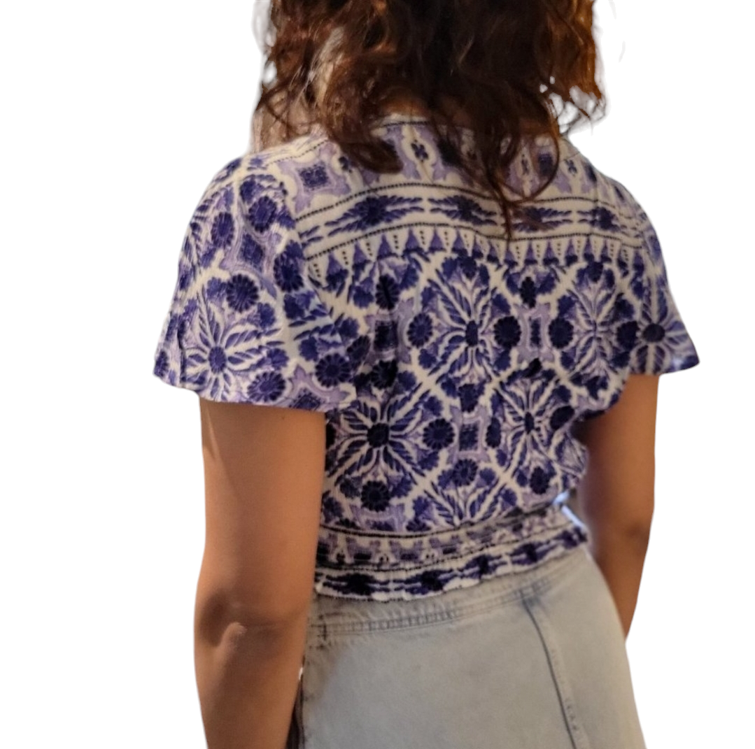 Blue & White V-neck Crop Top Flutter Cap Sleeves Smocked Waist image indicator(3)