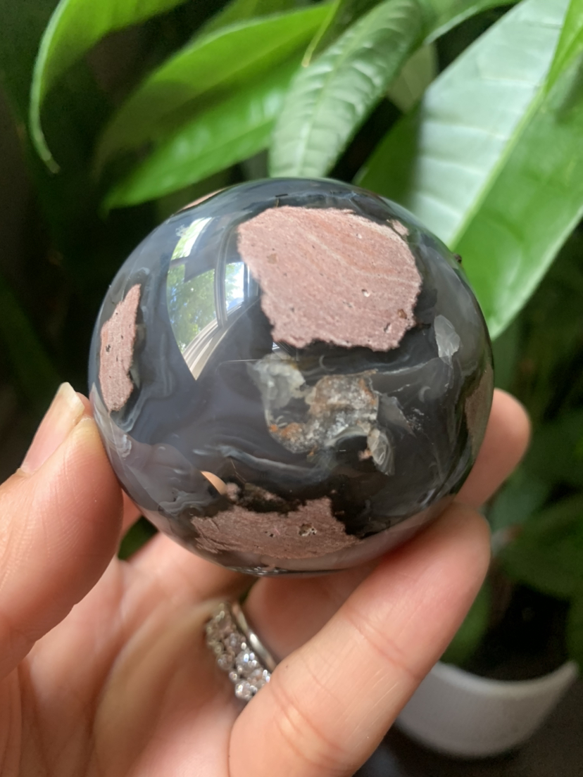 Red volcanic moss agate (UV reactive ) sphere A - crystal image indicator(5)