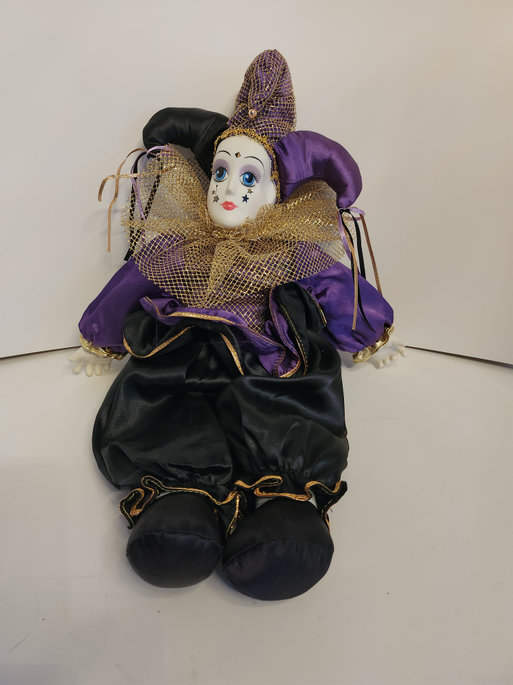 Harlequin Doll, Porcelain head, hands, jester, Black and Purple