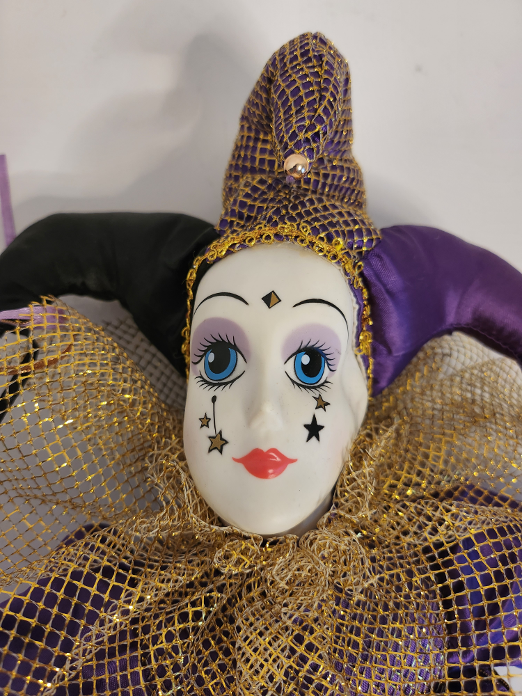 Harlequin Doll, Porcelain head, hands, jester, Black and Purple - photo 2