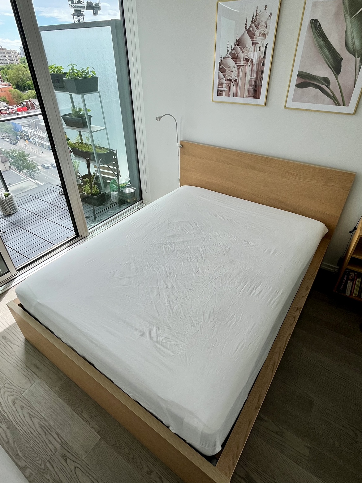 High bed frame, 4 storage boxes, mattress