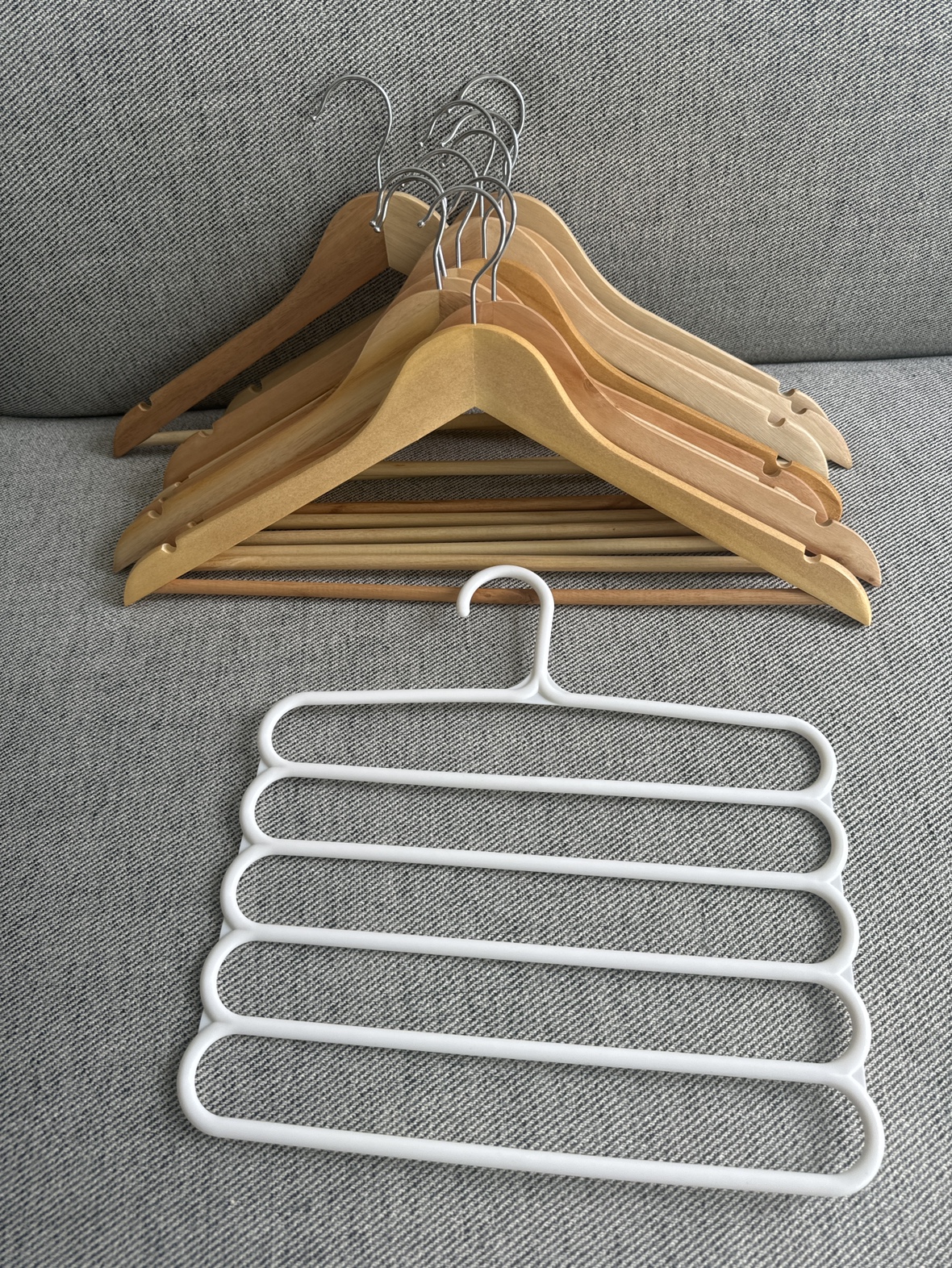 10 wooden hangers + 1 multi-tier pant hanger thumbnail