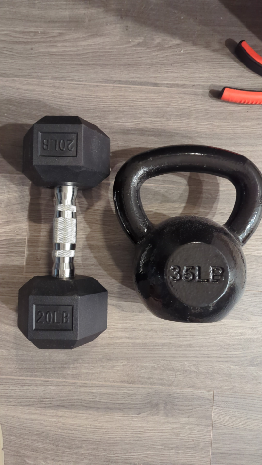 20lb dumbbell and 35lb kettle bell