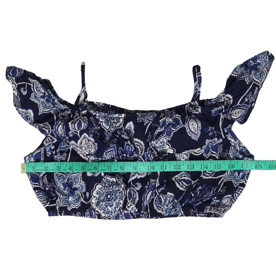 Aqua Off Shoulder Blue Crop Top with Ruffles image indicator(7)