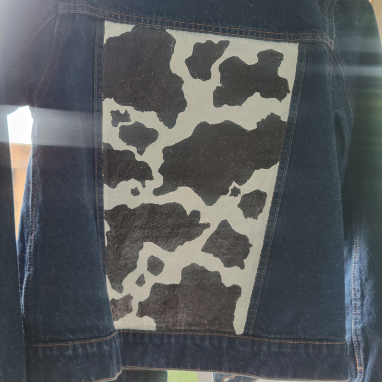 Childrens Custom Hand Painted Cow Print Jean Jacket  sz 10-12 image indicator(7)