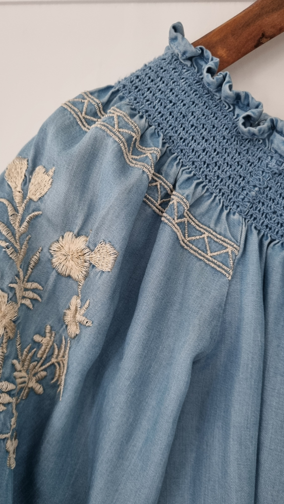 Light Blue Denim Off-The-Shoulder Embroidered Mini Dress - photo 5
