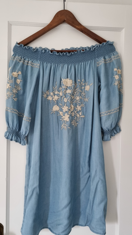 Light Blue Denim Off-The-Shoulder Embroidered Mini Dress