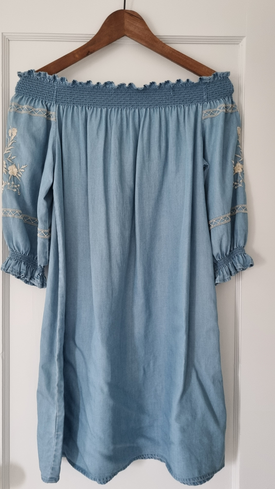 Light Blue Denim Off-The-Shoulder Embroidered Mini Dress - photo 3