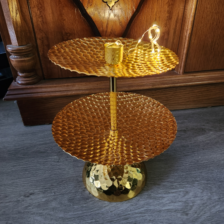 Gold toned serving stand w/working string lights & moon ornament - photo 5