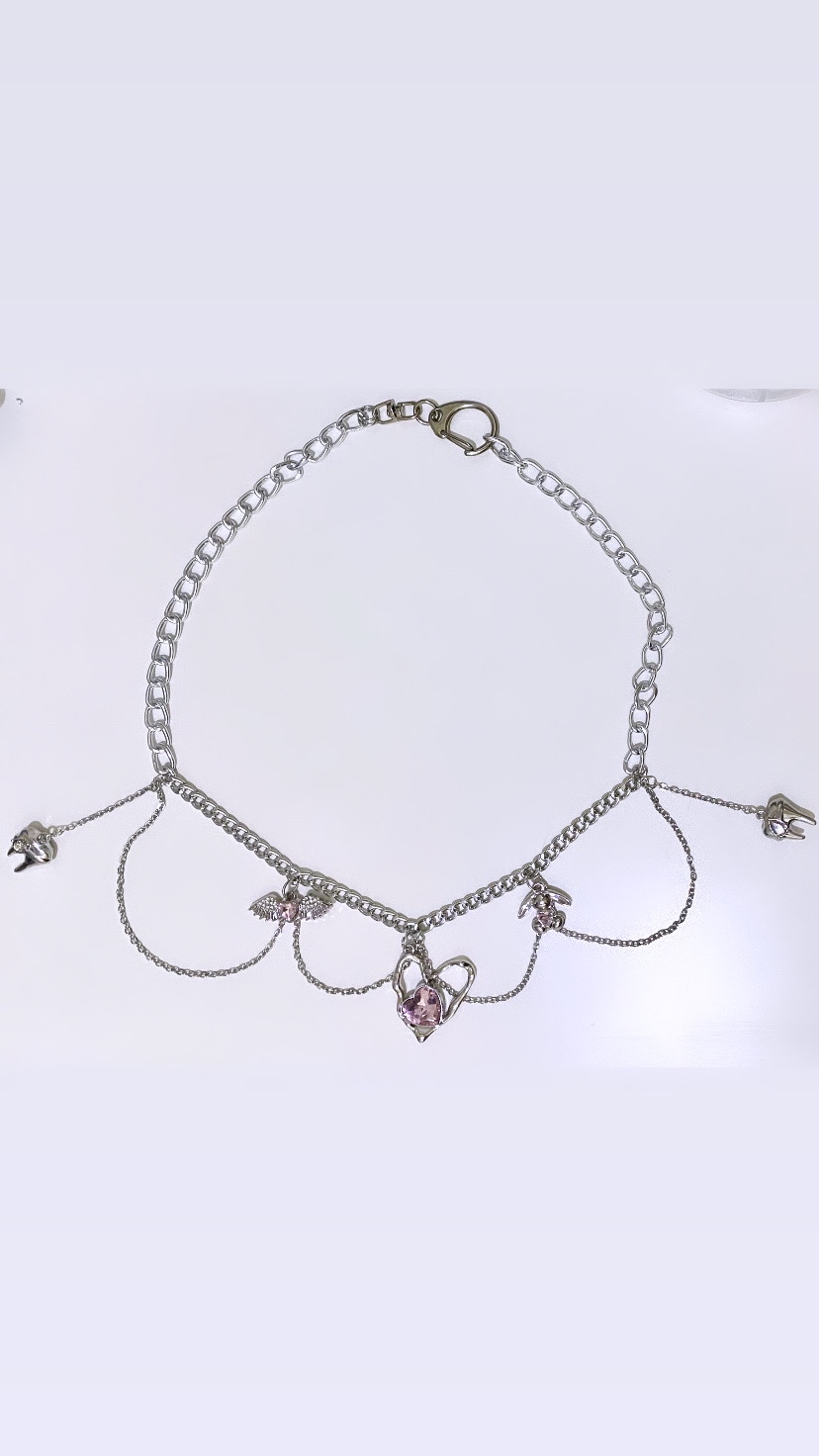 Pink Heart Sparkle Dangle Necklace w/ Teeth Details thumbnail