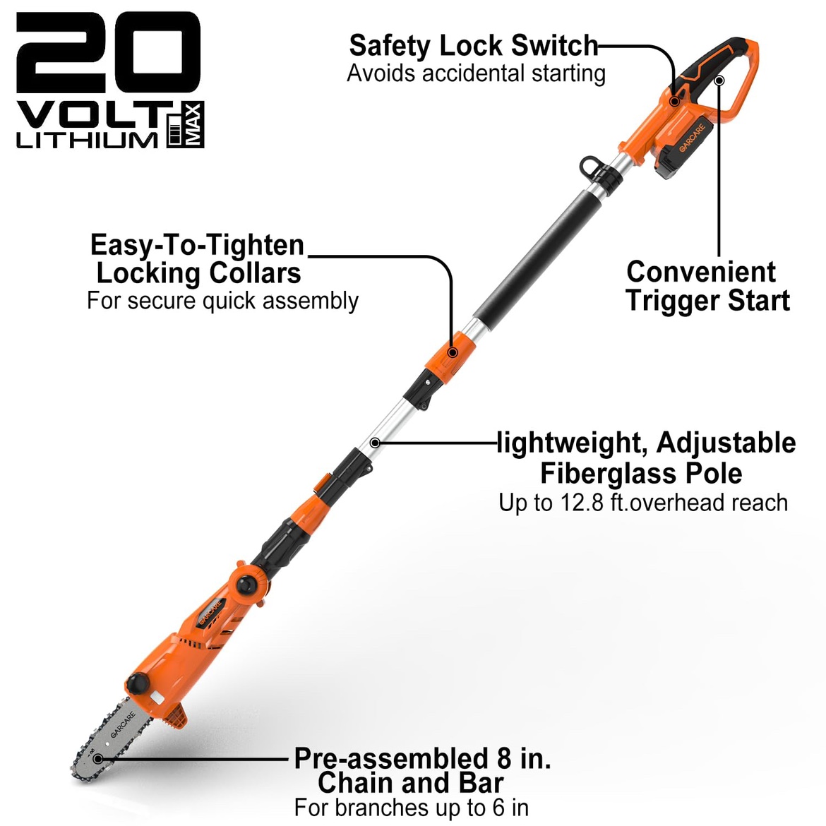 New GARCARE Pole Chain saw Cordless ChainSaw 20V 8” Electric Saw - photo 3
