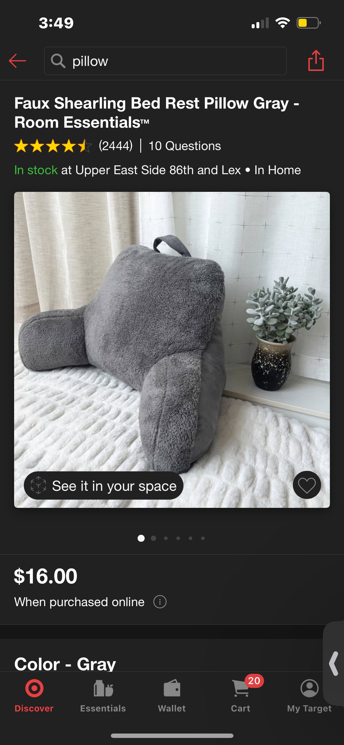 Gray Faux Shearling Bed Rest Pillow