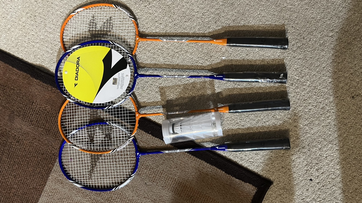 Badminton rackets + shuttlecocks