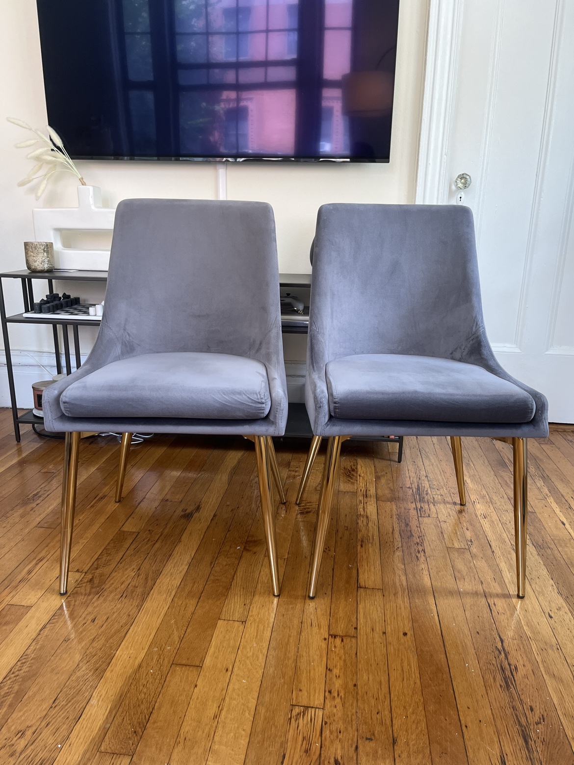 2 Velvet Dining Chairs with Gold Legs