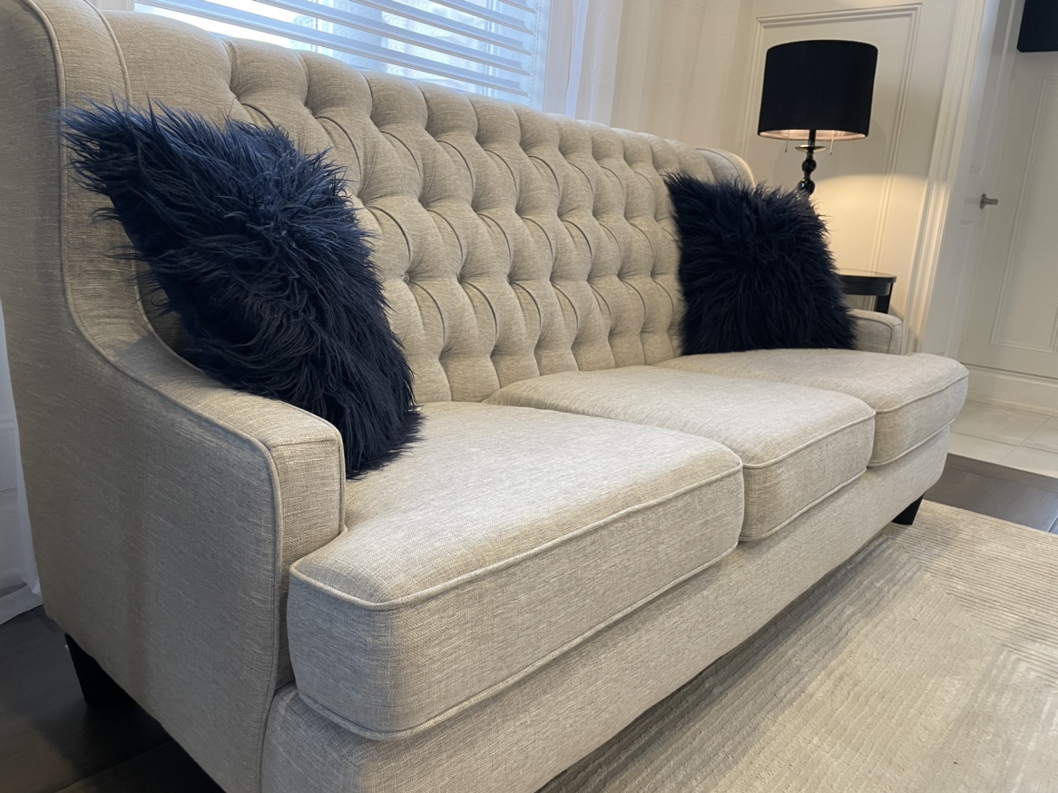 Designer sofa (some damage- see all photos- as is. ) thumbnail