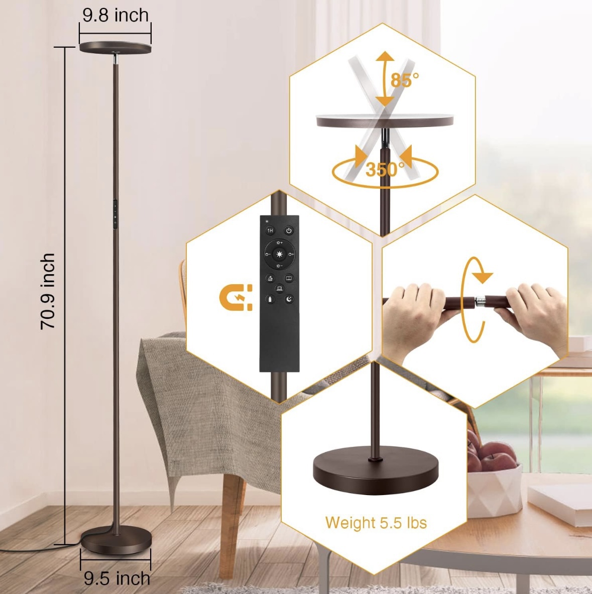 New LED Floor Lamp with Adjustable Reading Lamp 27W White - photo 4