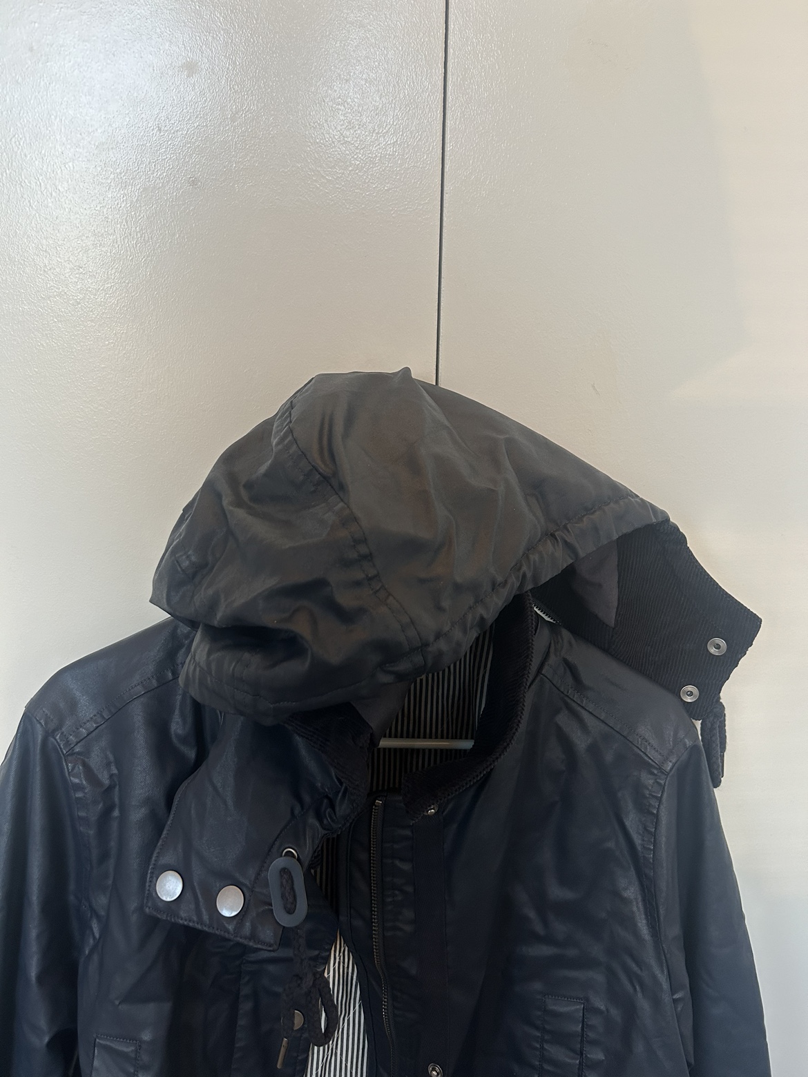 Navy leather raincoat jacket image indicator(2)