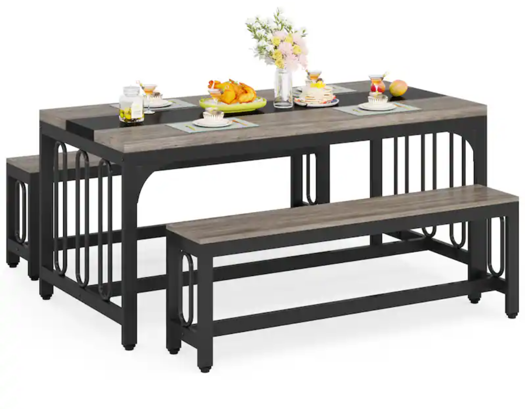 Kitchen Bench Table Set - Grey + Black