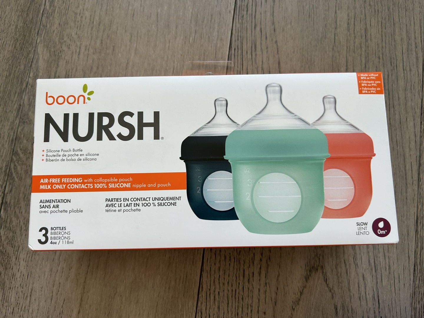 Brand New Boon Nursh Bottle 4oz 3 Pack Mint/Cantaloupe/Navy