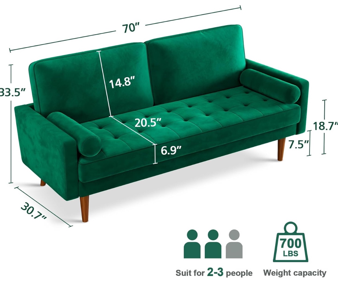 Vesgantti 70 inch Green Velvet Sofa Couch, - photo 3