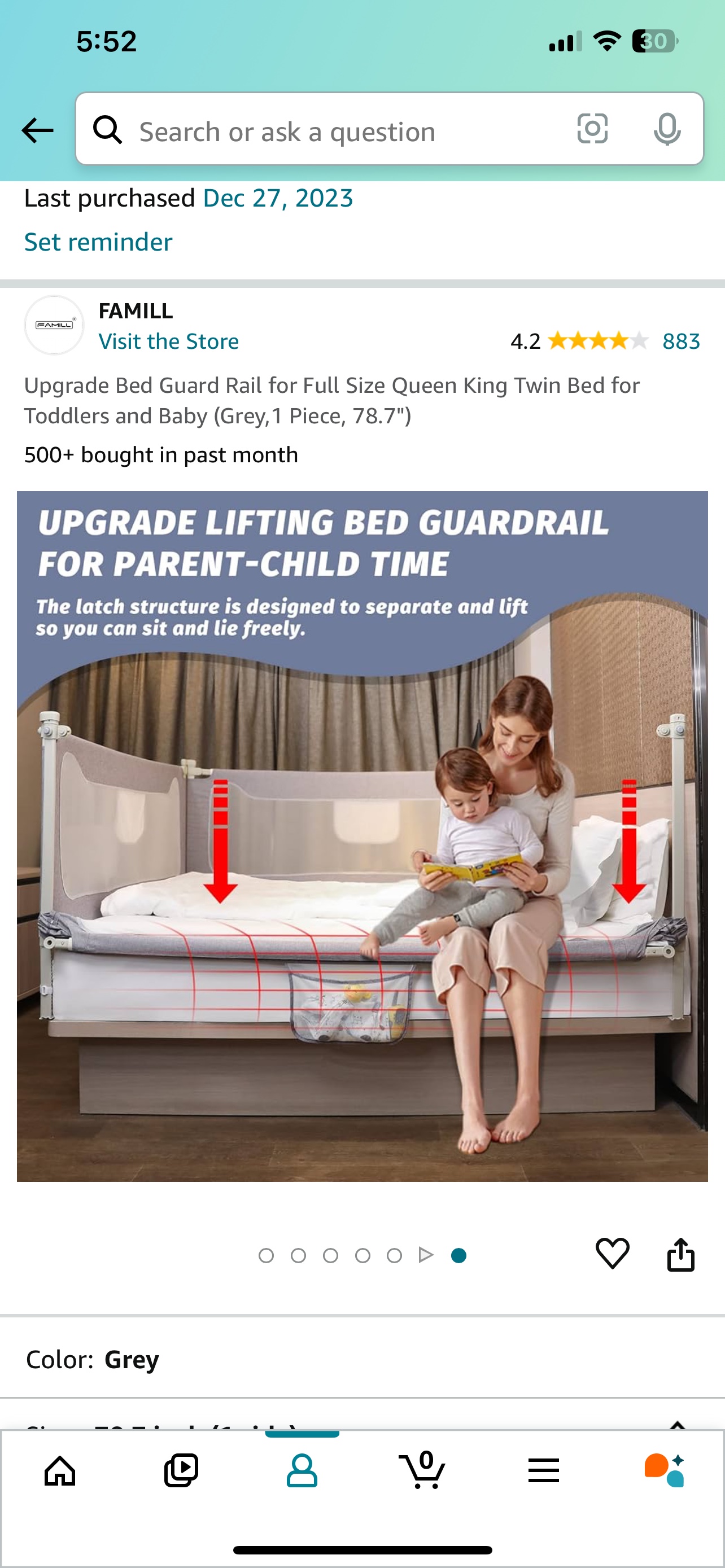 Bed Rail /Guard/ fence Grey,1 Piece, 78.7" ⚽️