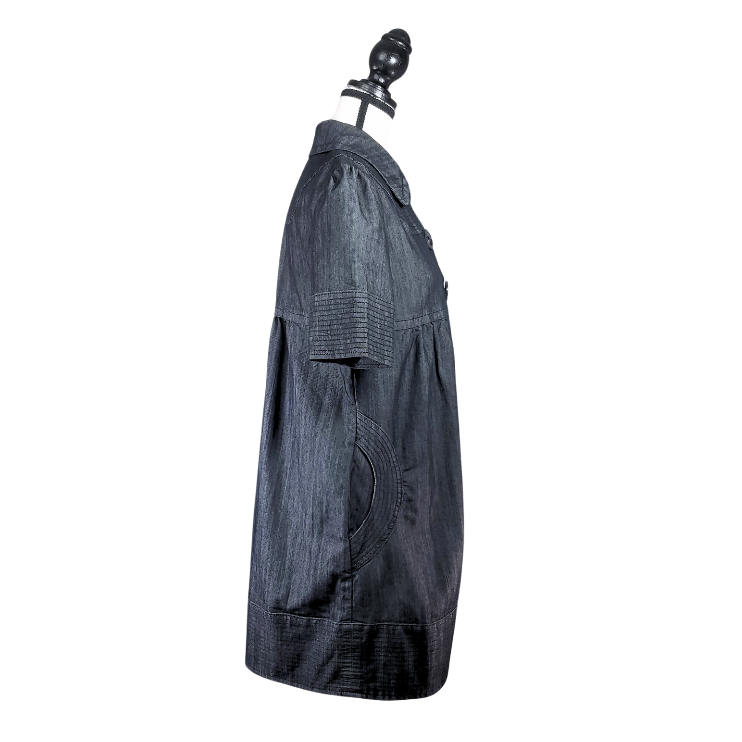 Women's Dark Denim Babydoll Dress with Large Buttons and Pockets - photo 2