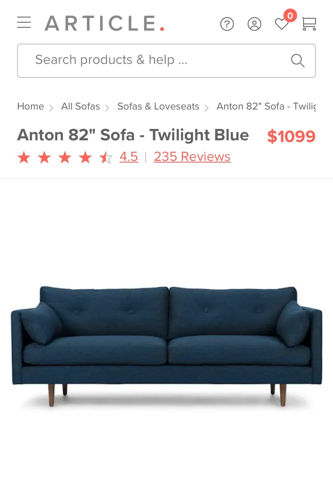 Blue Article Couch - Anton 82 inches