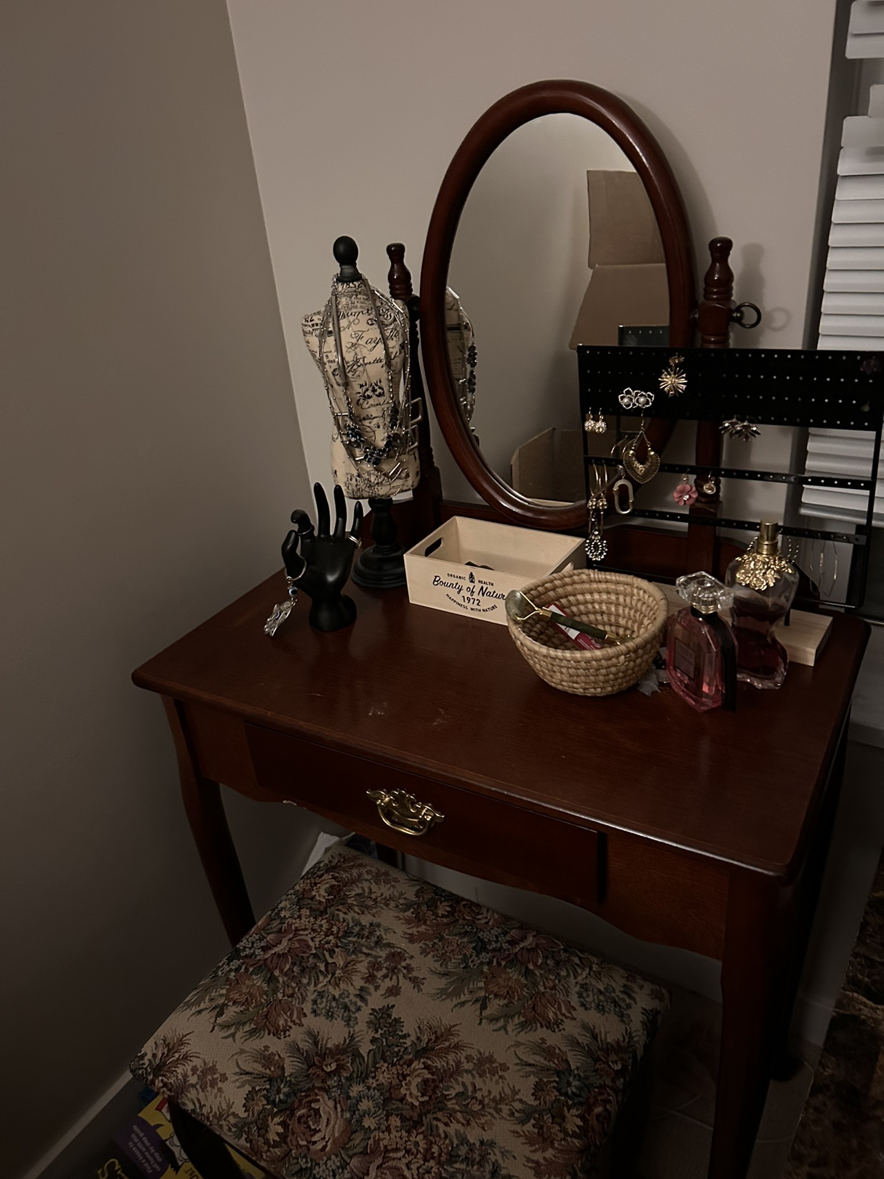 Vanity desk with  mirror and upholstered chair thumbnail