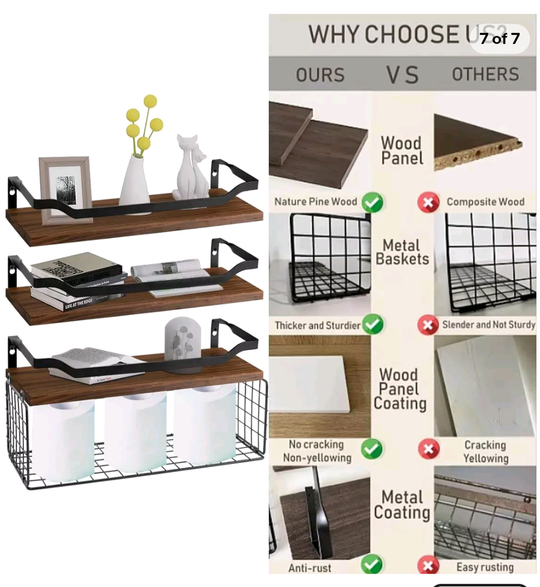 Brown Floating Shelves with Wire Basket, set of 3 ⚽