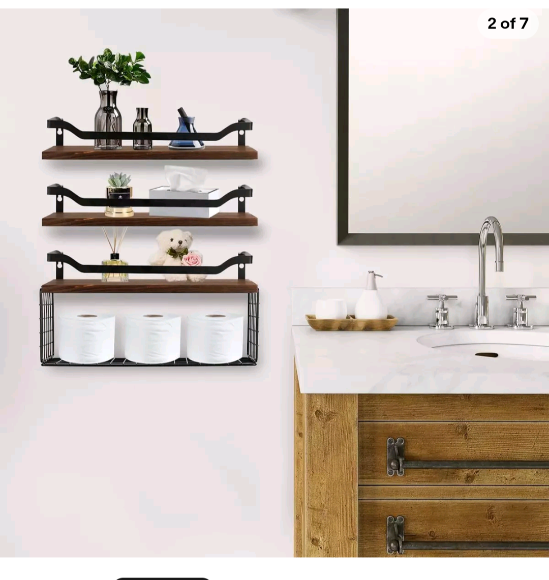 Brown Floating Shelves with Wire Basket, set of 3 ⚽ - photo 2