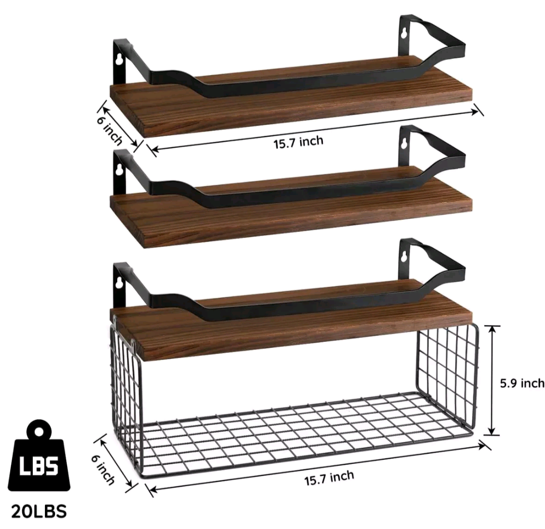 Brown Floating Shelves with Wire Basket, set of 3 ⚽ - photo 3