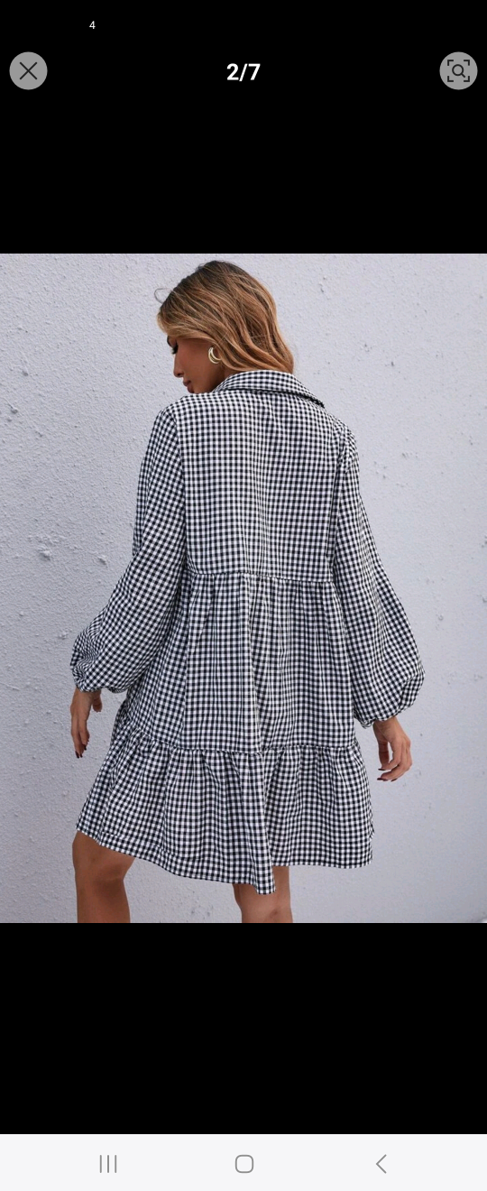 Gingham Bishop Sleeve Ruffle Hem Smock Dress - photo 2