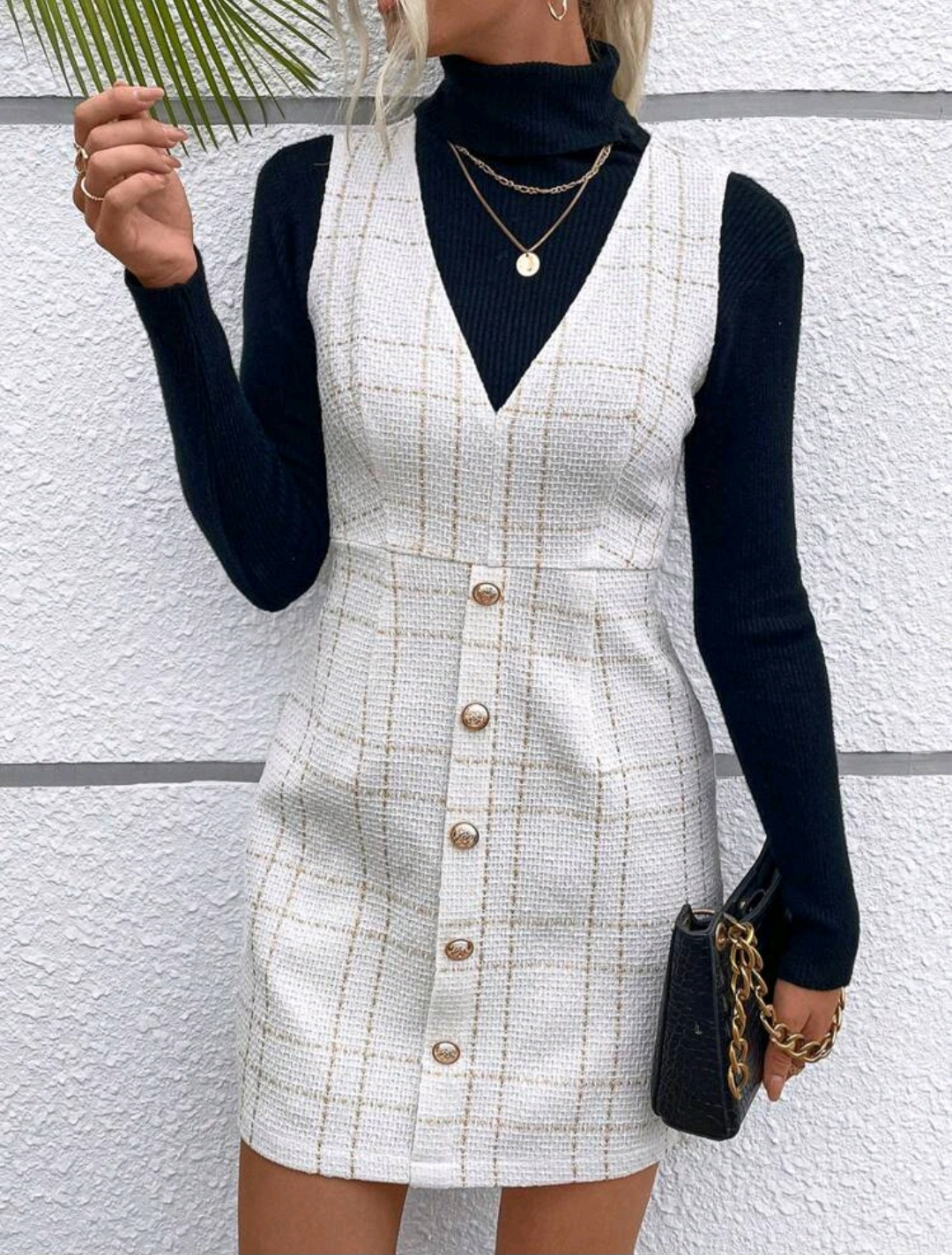 SHEIN Frenchy Plaid Single Breasted Tweed Overall Dress White/XL thumbnail