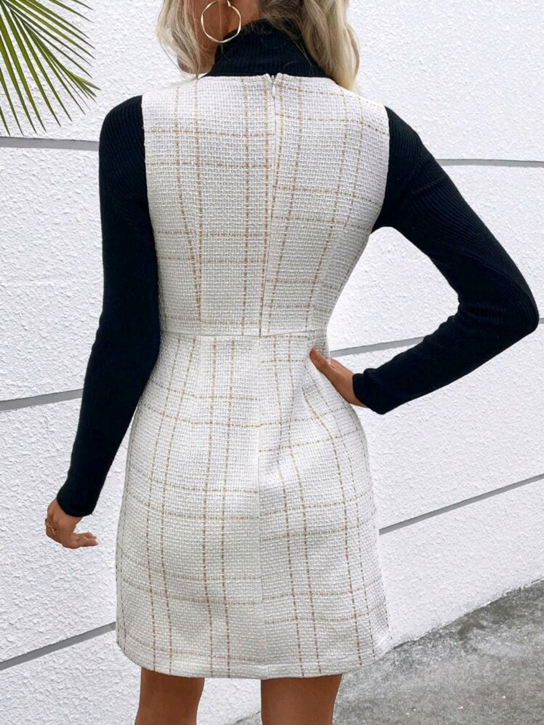 SHEIN Frenchy Plaid Single Breasted Tweed Overall Dress White/XL image indicator(2)