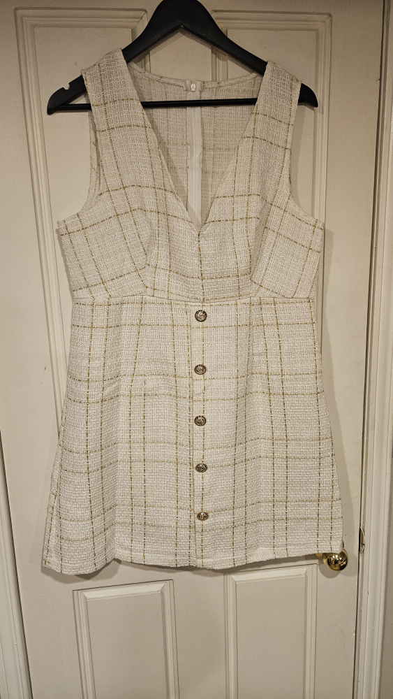 SHEIN Frenchy Plaid Single Breasted Tweed Overall Dress White/XL image indicator(3)