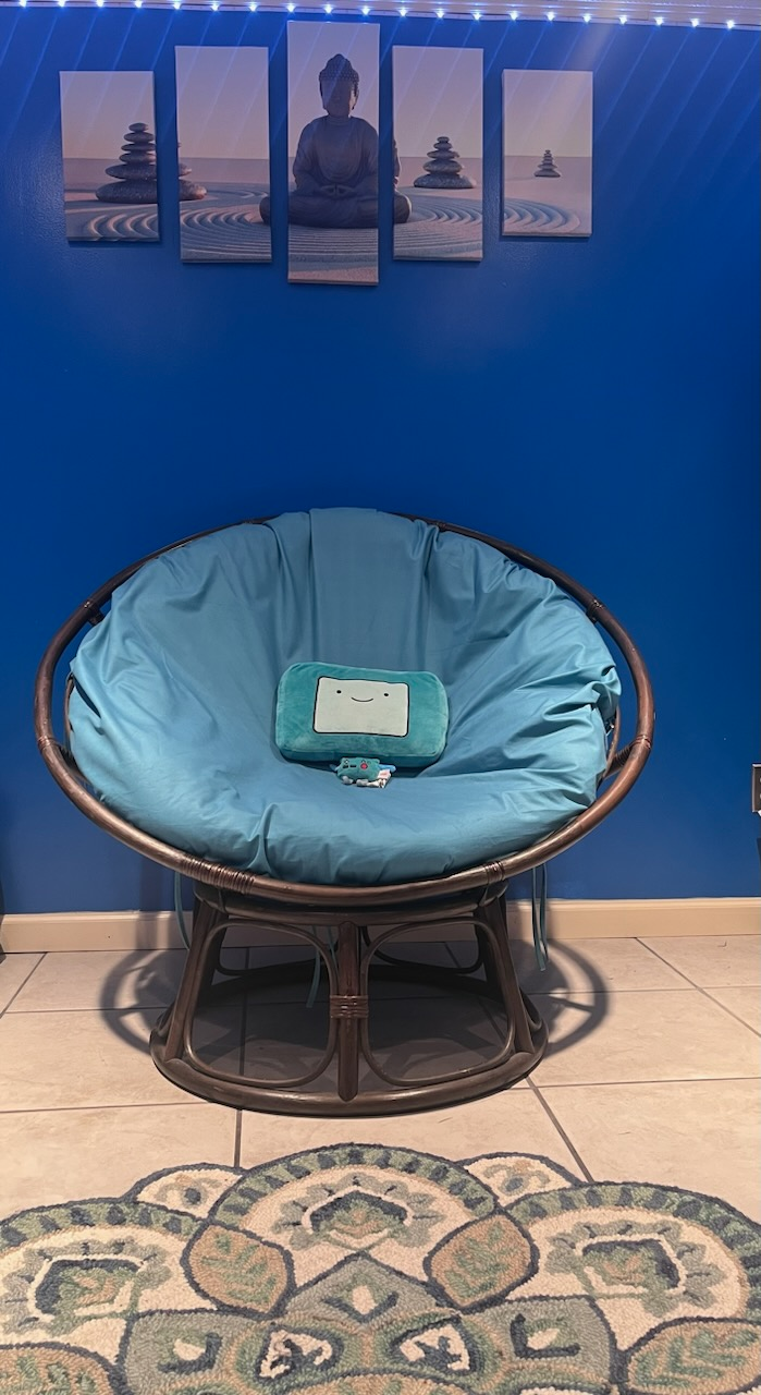 Cozy chair w/ cover. underneath has its original faux fur