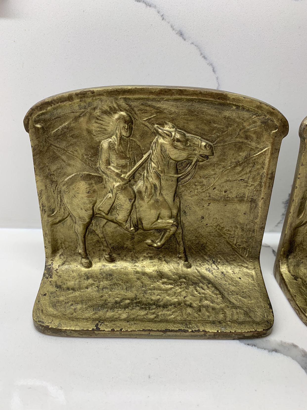 Native American Indian Horseback Hunter Bookends Circa 1925 image indicator(3)