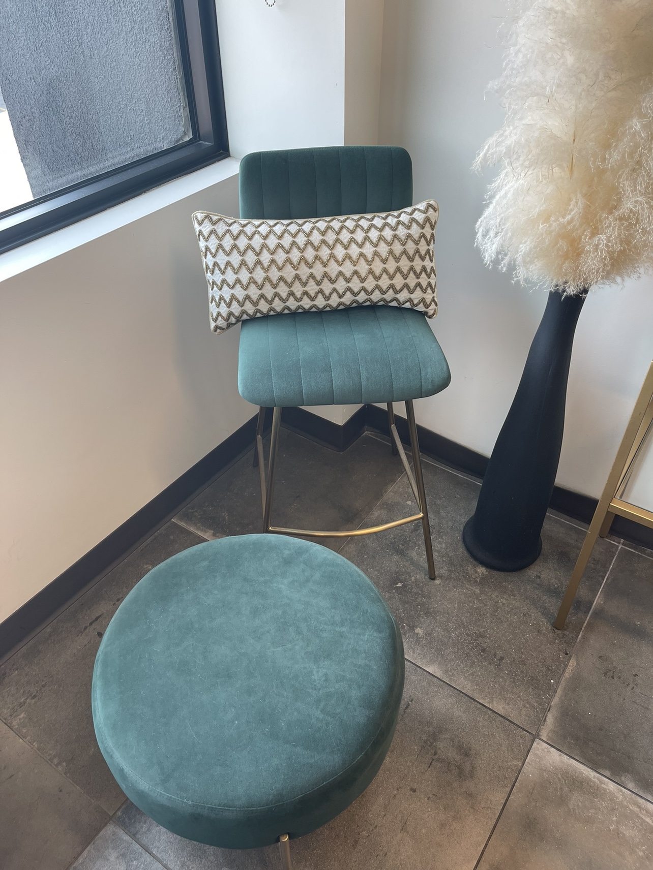 Green Velvet Bar Stool and Ottoman