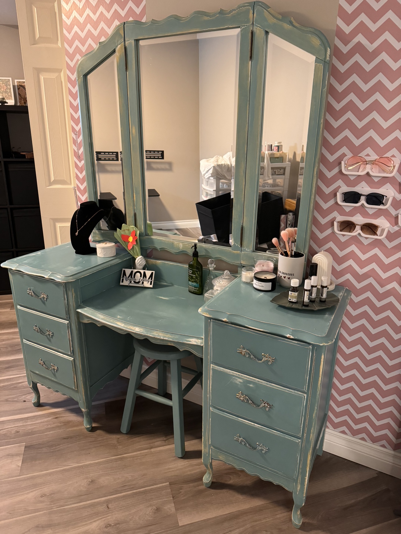 Makeup table, mirror, stool and side table