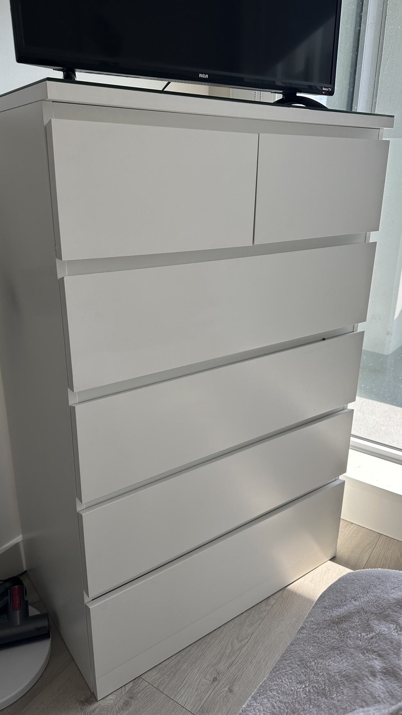 IKEA White 7 Drawer Dresser w/Custom Glass Top