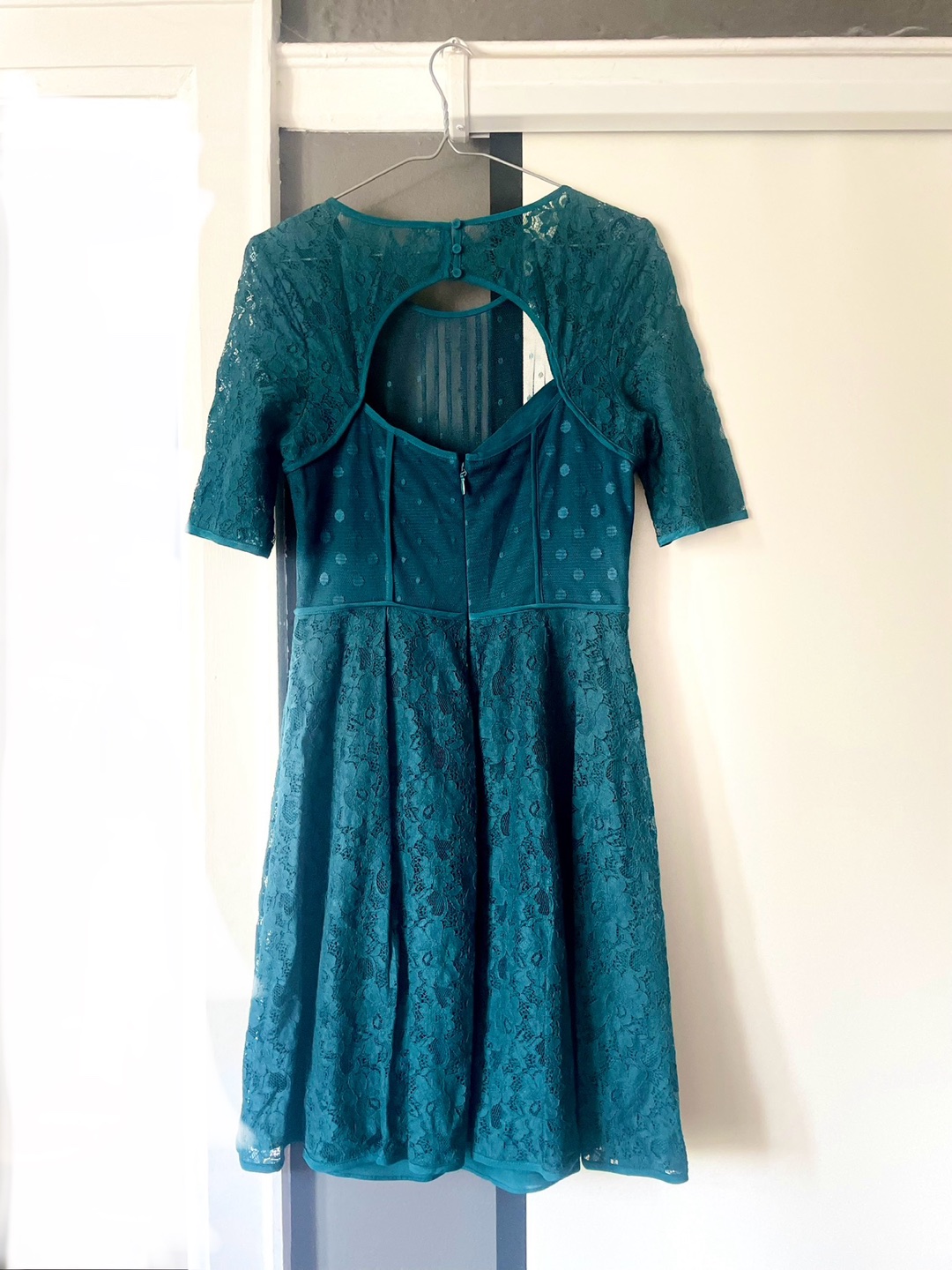 BCBG Maxazria teal Short Sleeve Lace Midi Dress image indicator(2)