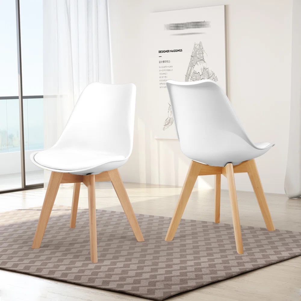 2 White chair - soft leather padded and wooden legs