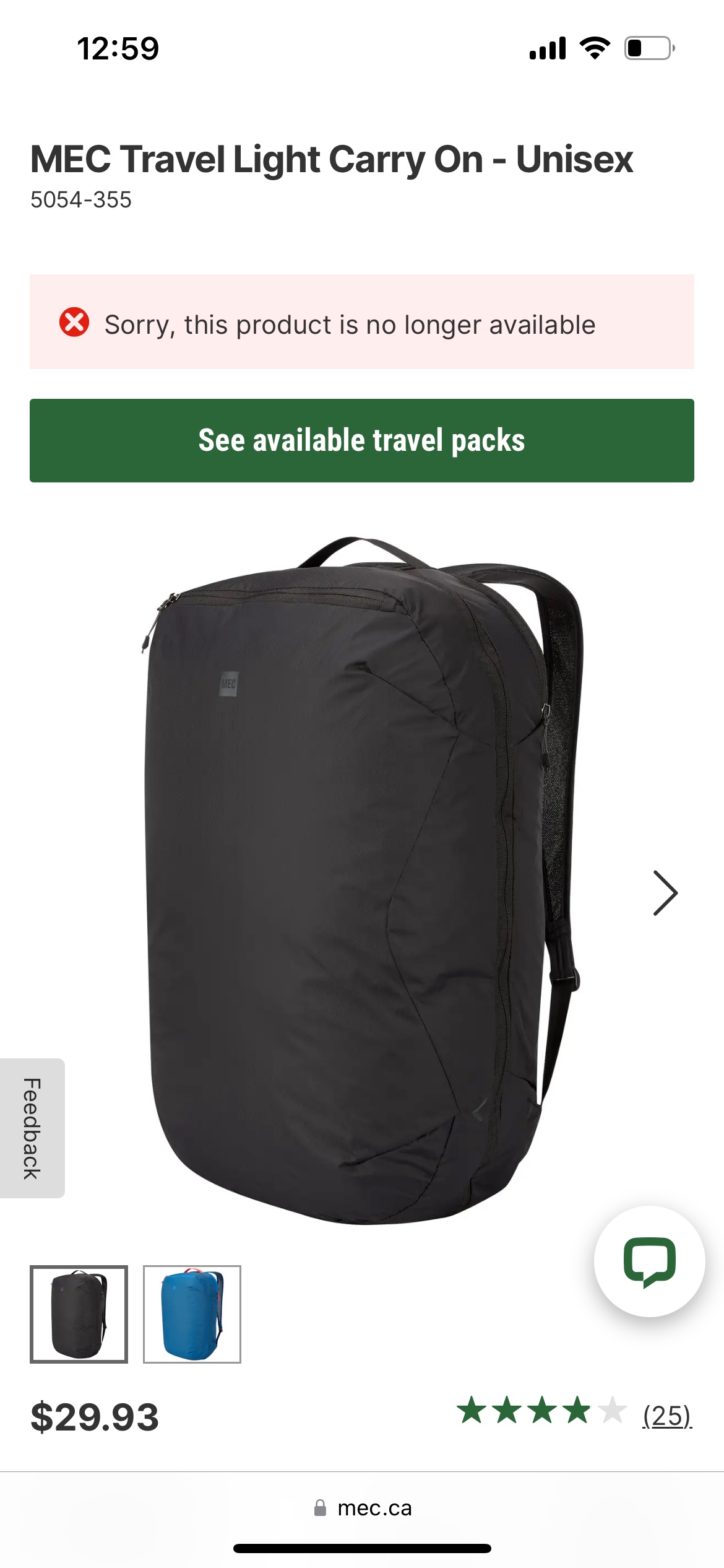 MEC Travel Light Carry On backpack 38L