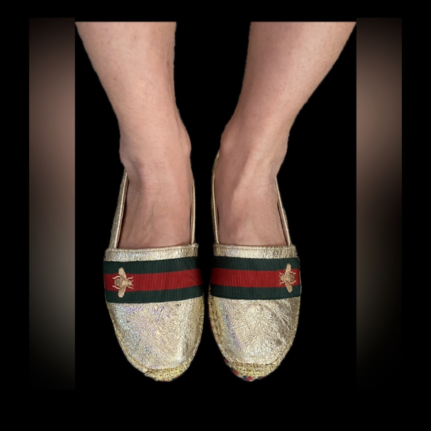 Authentic GUCCI Metallic Gold Leather Bee Slip On Espadrilles