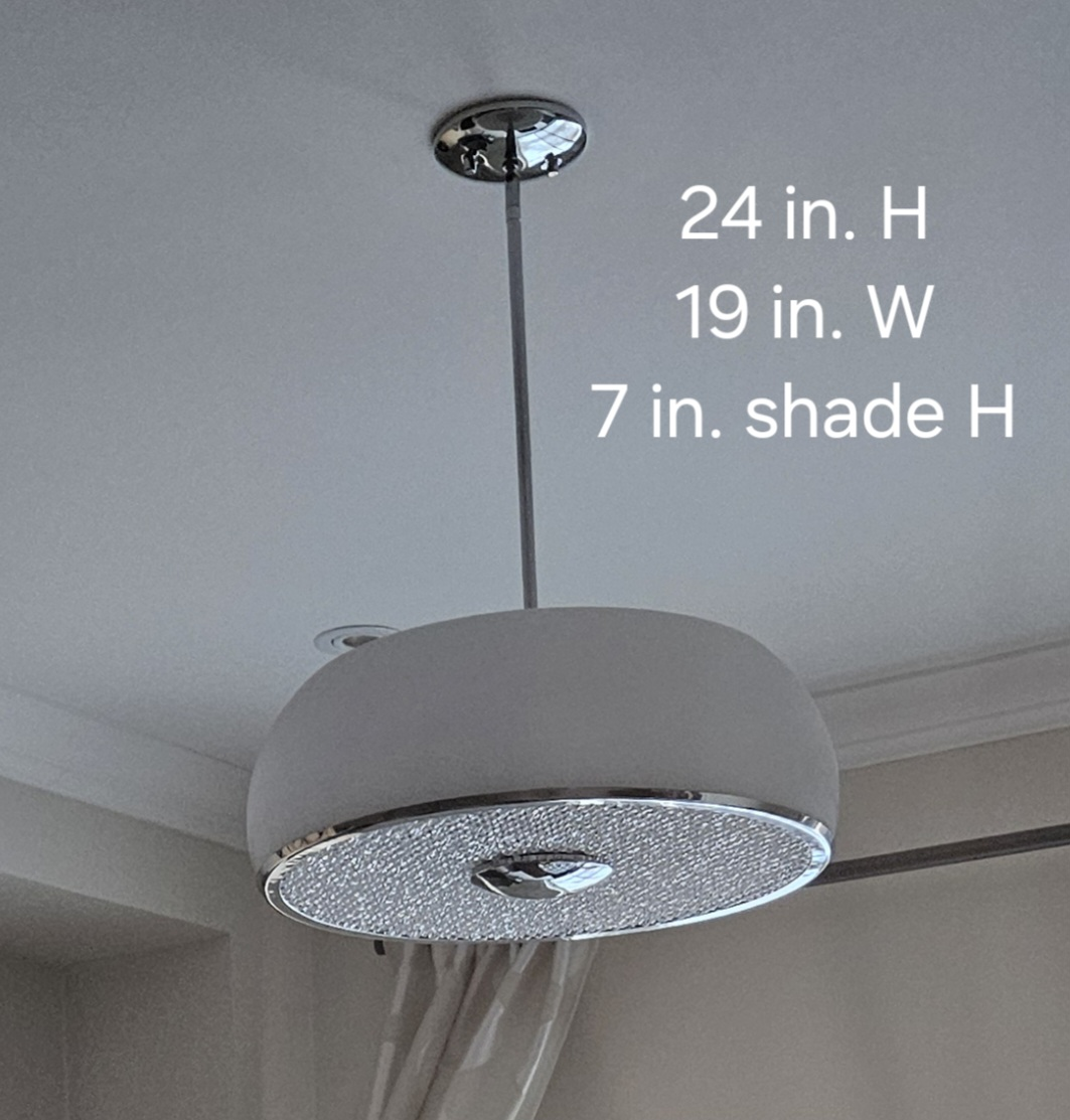 Glass light fixture + 2 matching pendants; chrome and crystals thumbnail