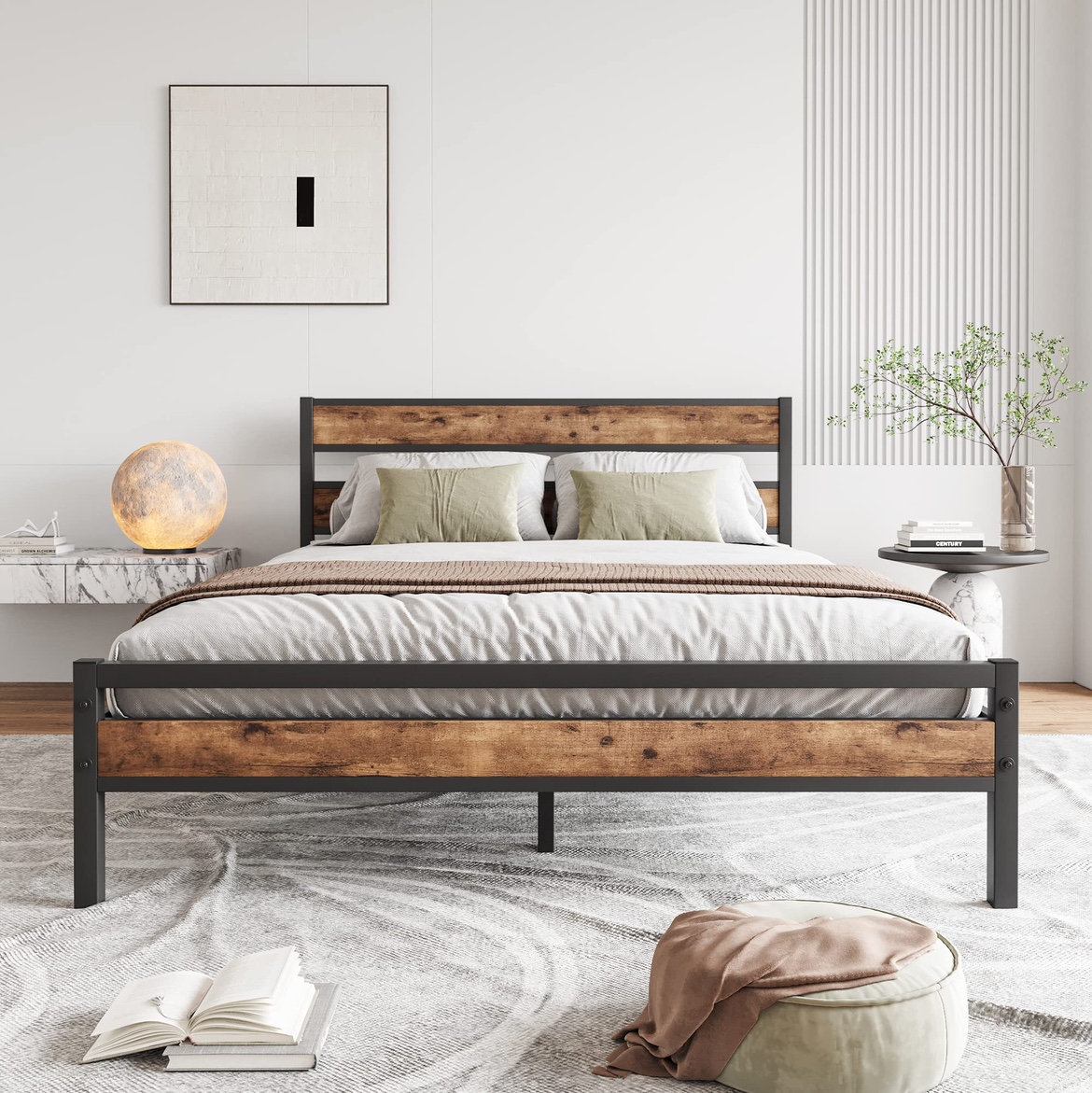 New HOJINLINERO Queen Bed Frame w/ Wood Headboard