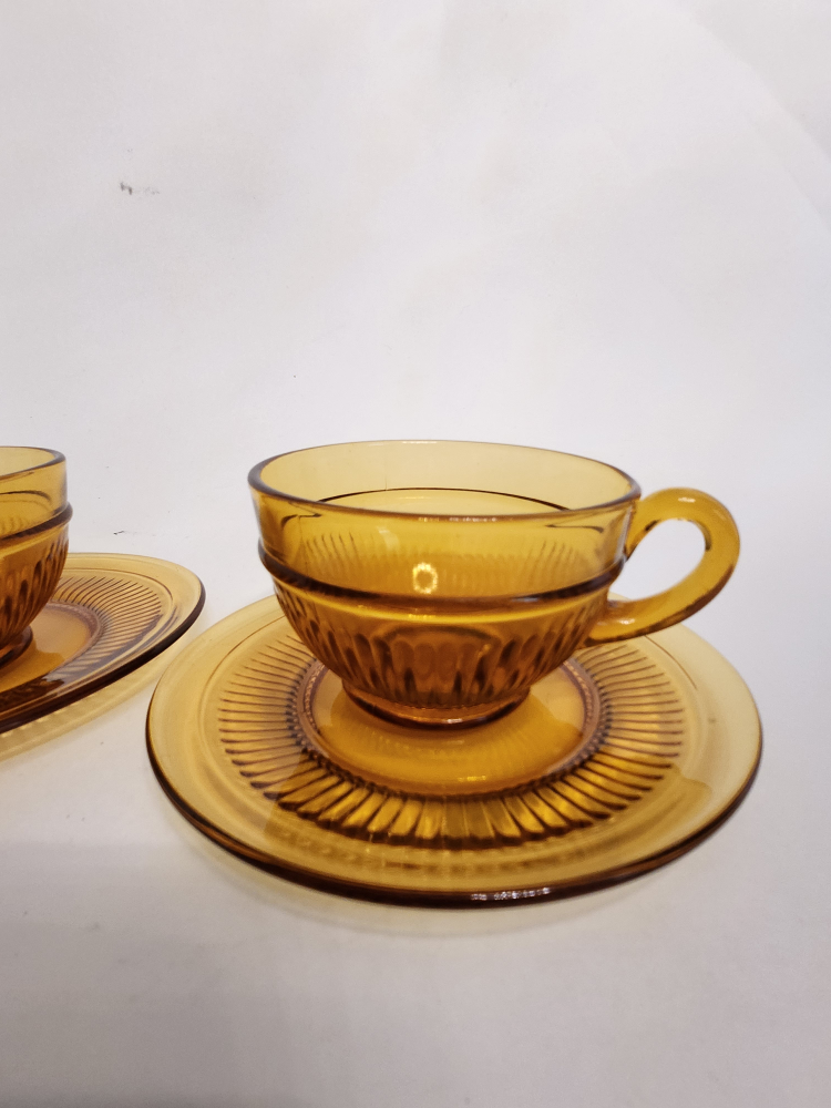 2 Mid Century Amber Glass cup and saucer sets - photo 3